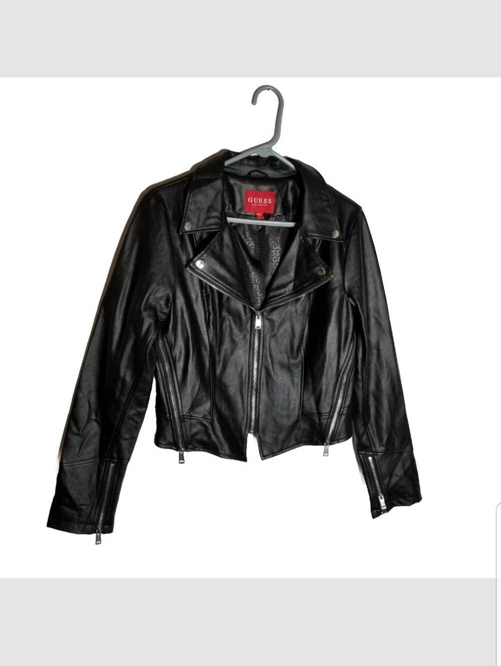 Guess Los Angeles Cropped Moto Jacket Women's Large Black Faux Leather